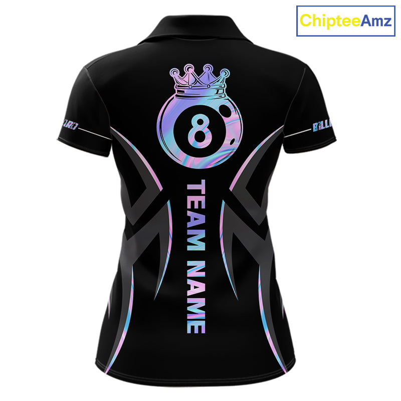 Custom Holographic 8 Ball Crown Billiard Shirts For Women, Pool Team Jersey Polo & 1/4 Zip |Black TDM6191