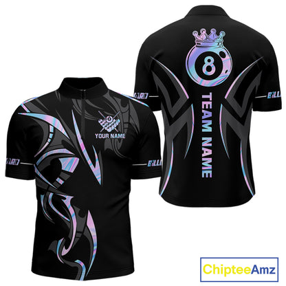 Custom Holographic 8 Ball Crown Billiard Shirts For Men, Pool Team Jersey Polo & 1/4 Zip |Black TDM6191