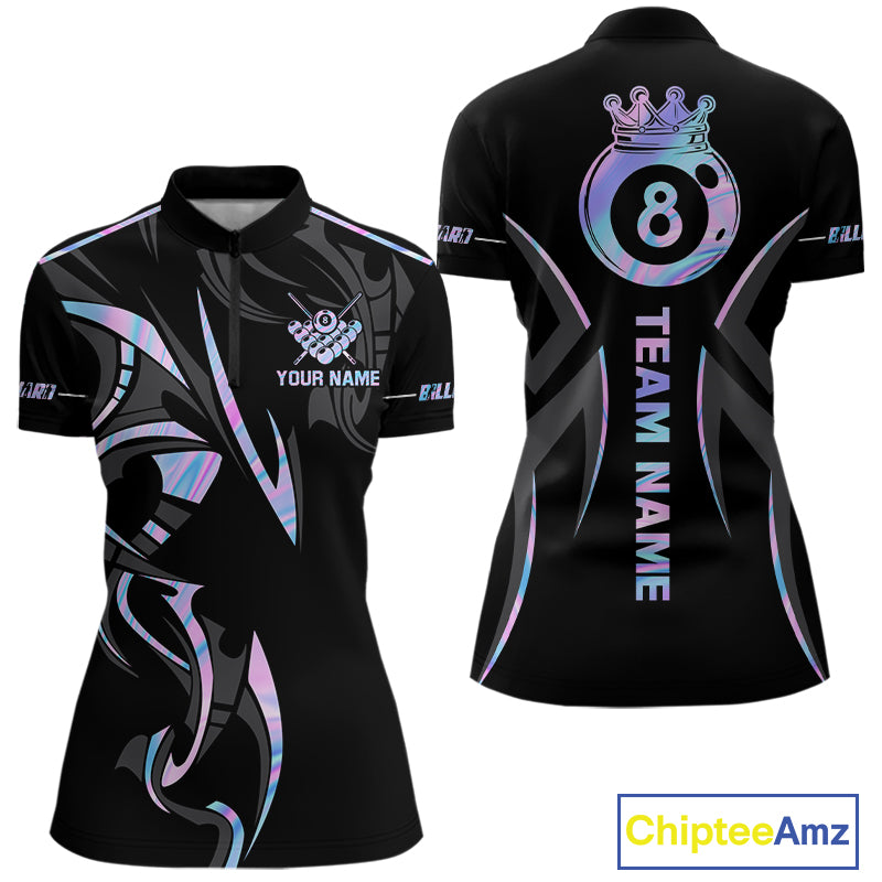 Custom Holographic 8 Ball Crown Billiard Shirts For Women, Pool Team Jersey Polo & 1/4 Zip |Black TDM6191