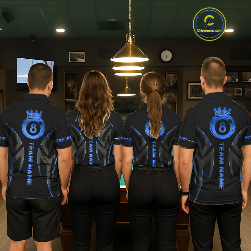 Custom Blue 8 Ball Pool Crown Billiard Shirts For Men, Billiard Team Jersey Polo & 1/4 Zip |Black TDM6192
