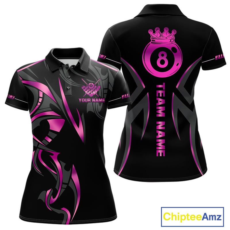 Custom Pink 8 Ball Pool Crown Billiard Shirts For Women, Billiard Team Jersey Polo & 1/4 Zip |Black TDM6193