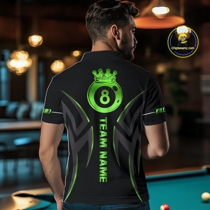 Custom Green 8 Ball Pool Crown Billiard Shirts For Men, Billiard Team Jersey Polo & 1/4 Zip |Black TDM6194