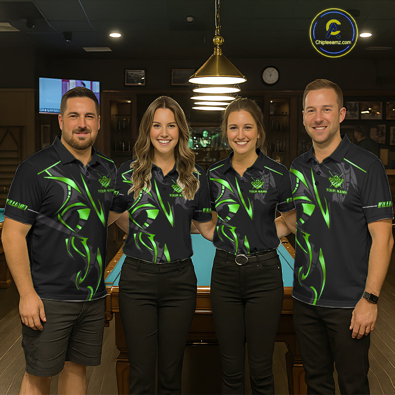 Custom Green 8 Ball Pool Crown Billiard Shirts For Men, Billiard Team Jersey Polo & 1/4 Zip |Black TDM6194