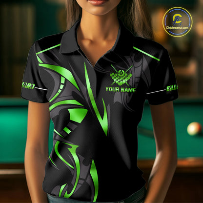 Custom Green 8 Ball Pool Crown Billiard Shirts For Women, Billiard Team Jersey Polo & 1/4 Zip |Black TDM6194