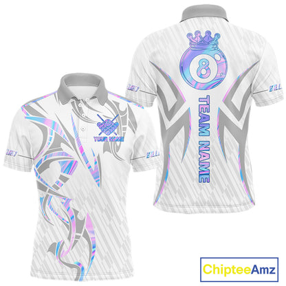Custom Holographic 8 Ball Crown Billiard Shirts For Men, Pool Team Jersey Polo & 1/4 Zip |White TDM6195