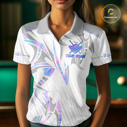Custom Holographic 8 Ball Crown Billiard Shirts For Women, Pool Team Jersey Polo & 1/4 Zip |White TDM6195