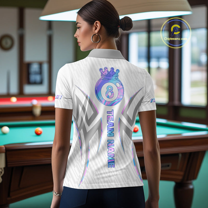 Custom Holographic 8 Ball Crown Billiard Shirts For Women, Pool Team Jersey Polo & 1/4 Zip |White TDM6195