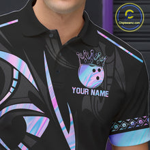 Load image into Gallery viewer, Custom Holographic Crown Bowling Ball Polo &amp; Quarter Zip Shirt For Men, Bowling Team Jersey |Black TDM6196