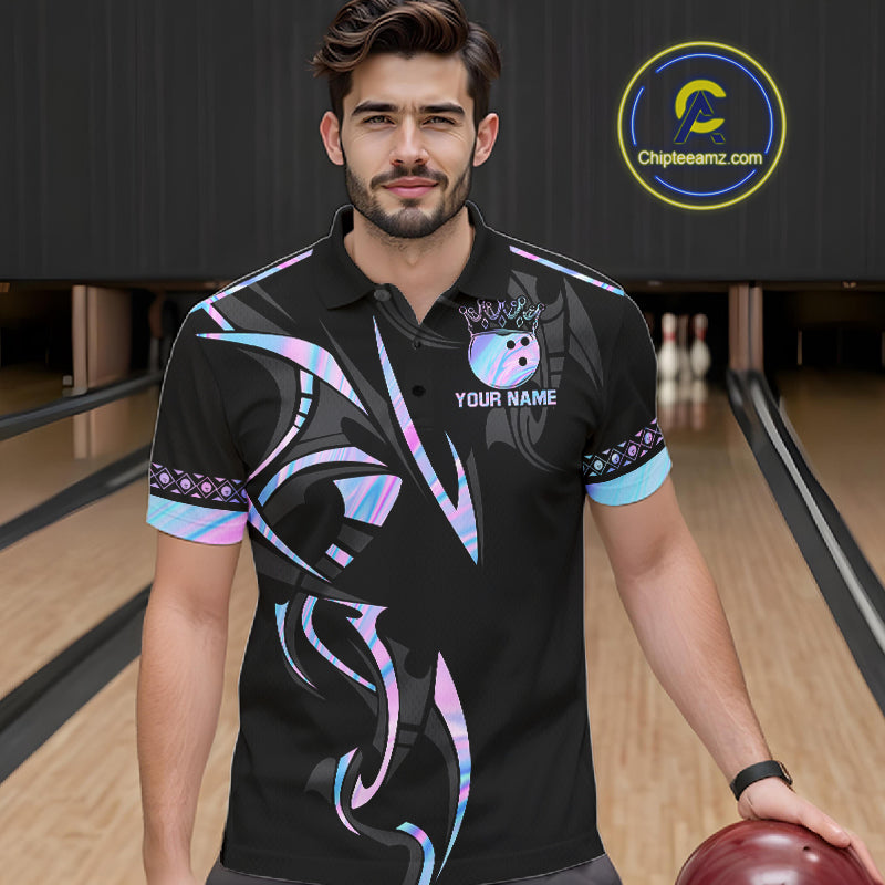Custom Holographic Crown Bowling Ball Polo & Quarter Zip Shirt For Men, Bowling Team Jersey |Black TDM6196