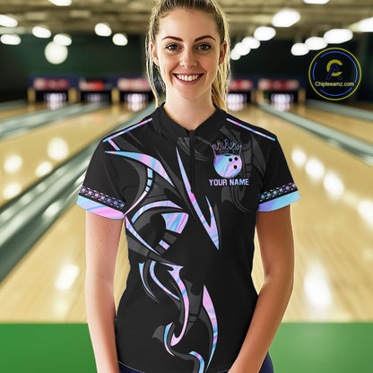 Custom Holographic Crown Bowling Ball Polo & Quarter Zip Shirt For Women, Bowling Team Jersey |Black TDM6196