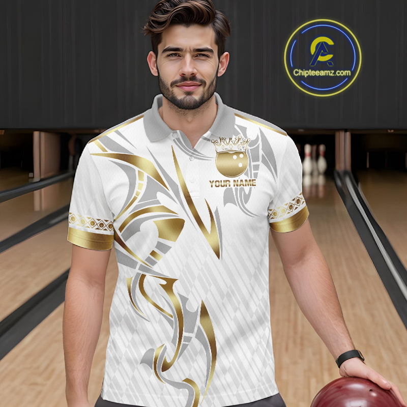 Custom Gold Bowling Ball Crown Bowling Shirt For Men, Bowling Team Jersey Polo & 1/4 Zip |White TDM6197