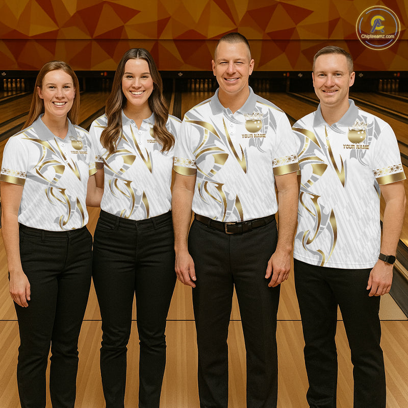 Custom Gold Bowling Ball Crown Bowling Shirt For Women, Bowling Team Jersey Polo & 1/4 Zip |White TDM6197