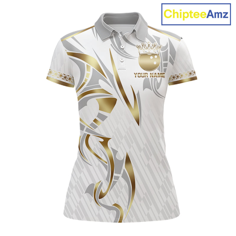 Custom Gold Bowling Ball Crown Bowling Shirt For Women, Bowling Team Jersey Polo & 1/4 Zip |White TDM6197