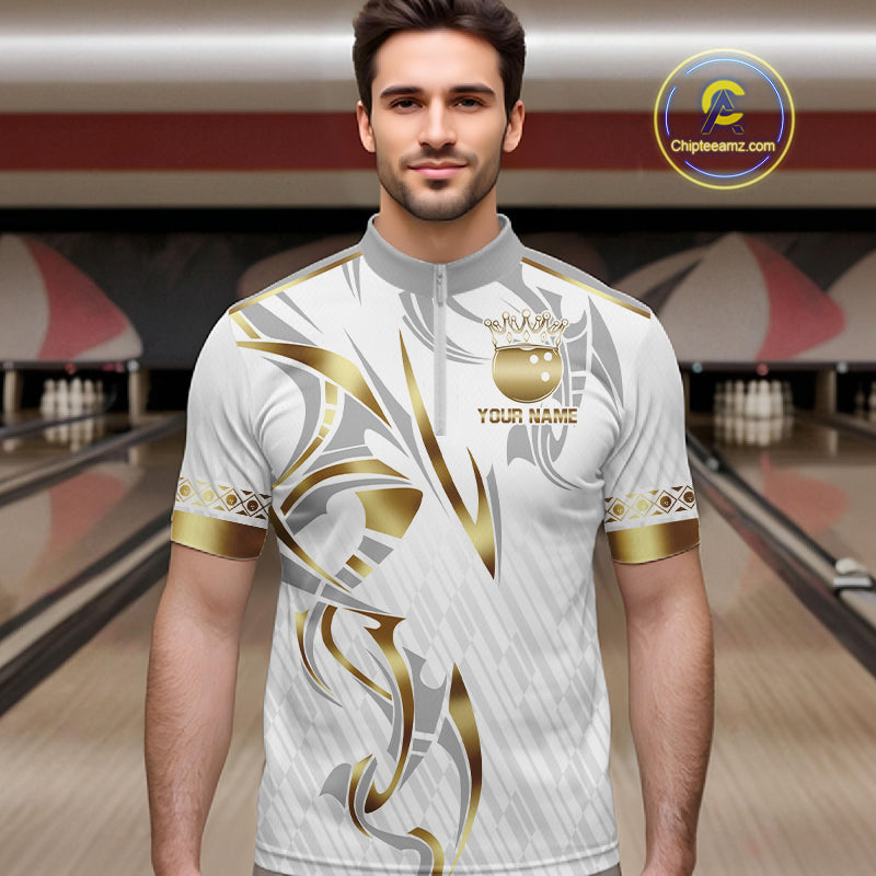 Custom Gold Bowling Ball Crown Bowling Shirt For Men, Bowling Team Jersey Polo & 1/4 Zip |White TDM6197