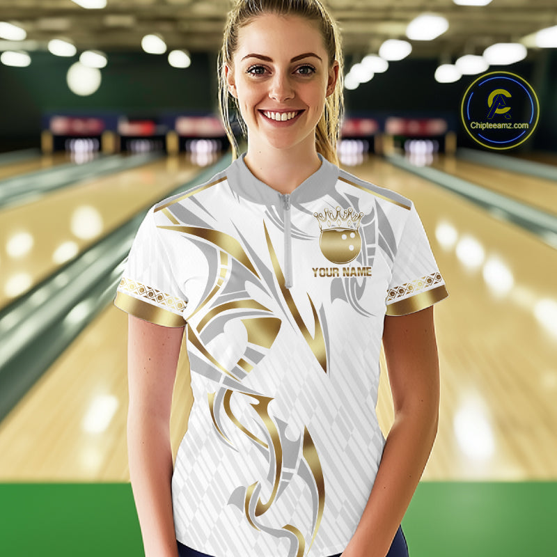 Custom Gold Bowling Ball Crown Bowling Shirt For Women, Bowling Team Jersey Polo & 1/4 Zip |White TDM6197