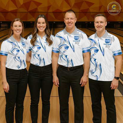 Custom Blue Bowling Ball Crown Bowling Shirt For Women, Bowling Team Jersey Polo & 1/4 Zip |White TDM6198