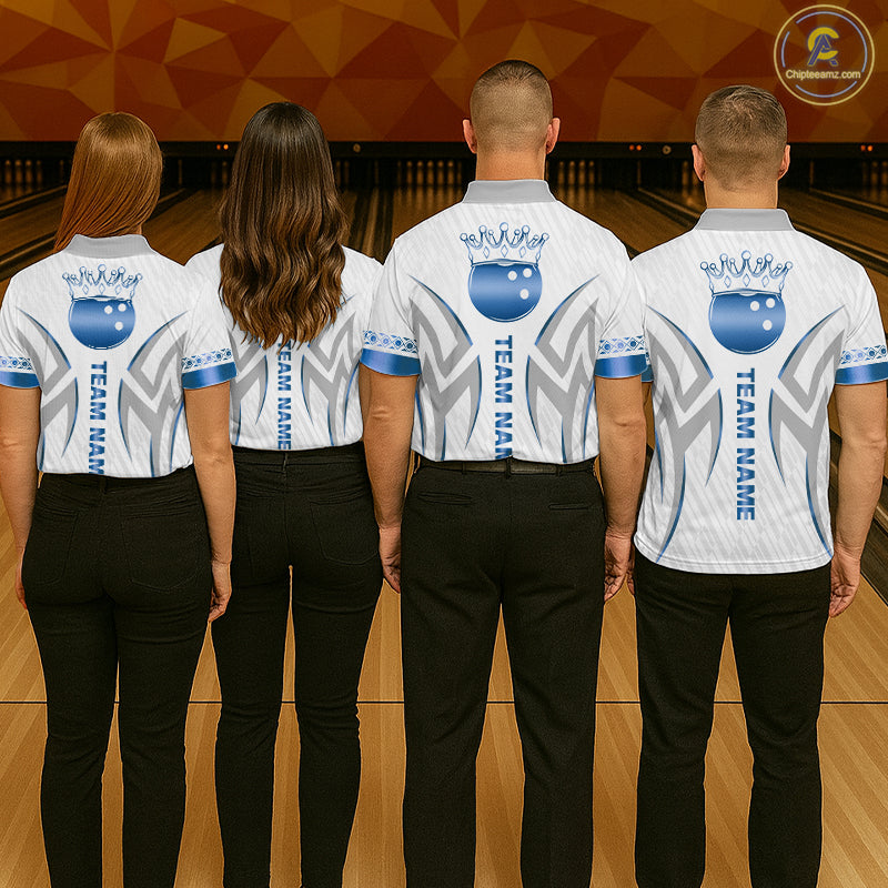 Custom Blue Bowling Ball Crown Bowling Shirt For Women, Bowling Team Jersey Polo & 1/4 Zip |White TDM6198