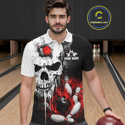 Personalized Red Grunge Skull Bowling Shirt For Men, Bowling League Team Jersey Polo & 1/4 Zip TDM6418