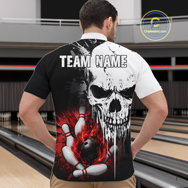 Personalized Red Grunge Skull Bowling Shirt For Men, Bowling League Team Jersey Polo & 1/4 Zip TDM6418