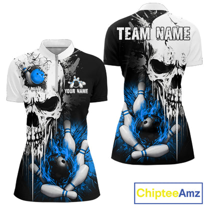 Personalized Blue Grunge Skull Bowling Shirt For Women, Bowling League Team Jersey Polo & 1/4 Zip TDM6419