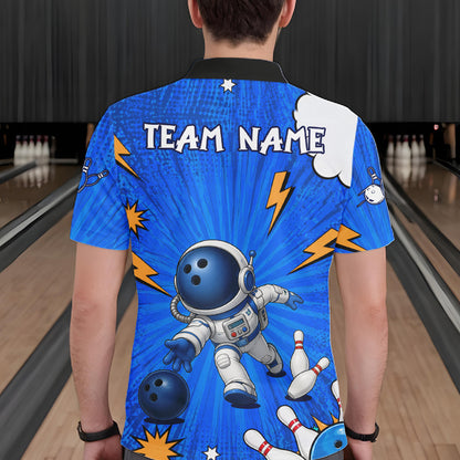 Blue Funny Astronaut Bowling Shirt For Men Custom Bowling Jersey, Bowling Uniform Polo & 1/4 Zip TDM6421
