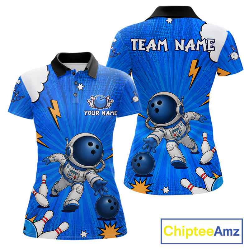 Blue Funny Astronaut Bowling Shirt For Women Custom Bowling Jersey, Bowling Uniform Polo & 1/4 Zip TDM6421