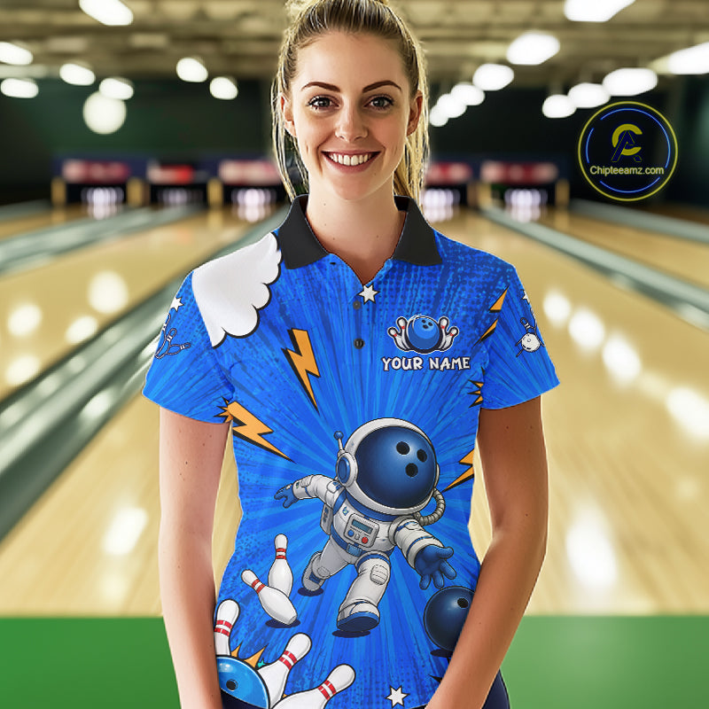 Blue Funny Astronaut Bowling Shirt For Women Custom Bowling Jersey, Bowling Uniform Polo & 1/4 Zip TDM6421