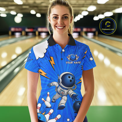 Blue Funny Astronaut Bowling Shirt For Women Custom Bowling Jersey, Bowling Uniform Polo & 1/4 Zip TDM6421