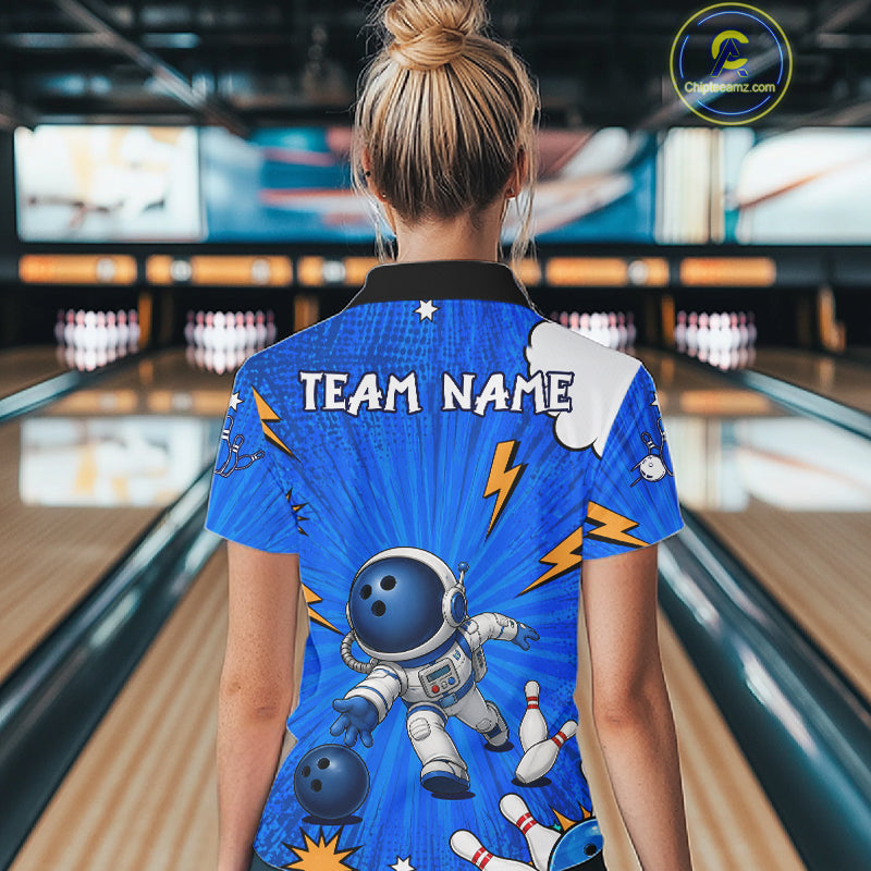 Blue Funny Astronaut Bowling Shirt For Women Custom Bowling Jersey, Bowling Uniform Polo & 1/4 Zip TDM6421