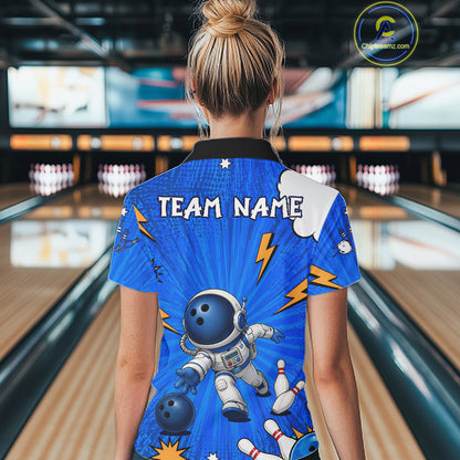 Blue Funny Astronaut Bowling Shirt For Women Custom Bowling Jersey, Bowling Uniform Polo & 1/4 Zip TDM6421