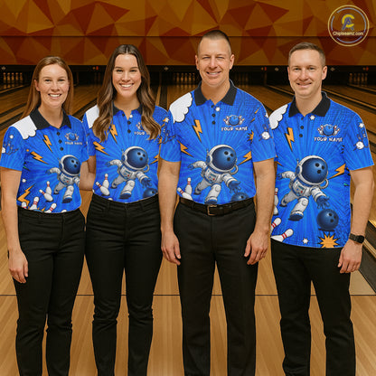 Blue Funny Astronaut Bowling Shirt For Men Custom Bowling Jersey, Bowling Uniform Polo & 1/4 Zip TDM6421