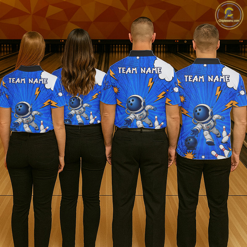 Blue Funny Astronaut Bowling Shirt For Men Custom Bowling Jersey, Bowling Uniform Polo & 1/4 Zip TDM6421