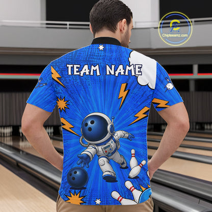 Blue Funny Astronaut Bowling Shirt For Men Custom Bowling Jersey, Bowling Uniform Polo & 1/4 Zip TDM6421