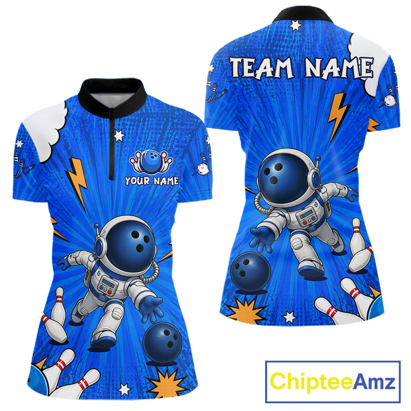 Blue Funny Astronaut Bowling Shirt For Women Custom Bowling Jersey, Bowling Uniform Polo & 1/4 Zip TDM6421