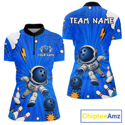 Blue Funny Astronaut Bowling Shirt For Women Custom Bowling Jersey, Bowling Uniform Polo & 1/4 Zip TDM6421