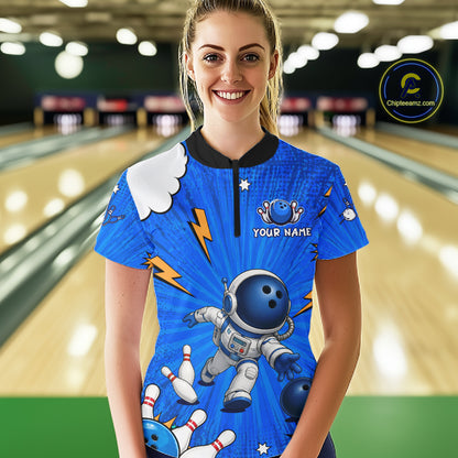 Blue Funny Astronaut Bowling Shirt For Women Custom Bowling Jersey, Bowling Uniform Polo & 1/4 Zip TDM6421