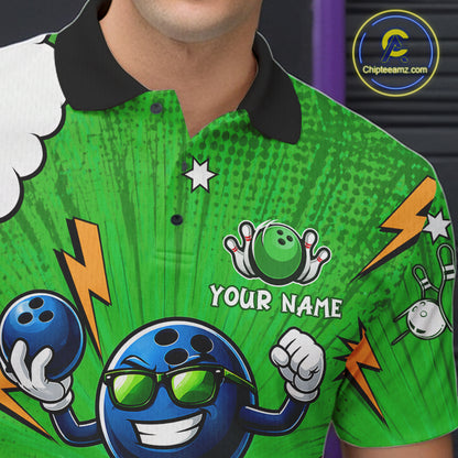 Green Funny Bowling Ball Jersey For Men Custom Bowling Team Shirt, Bowling Uniform Polo & 1/4 Zip TDM6422