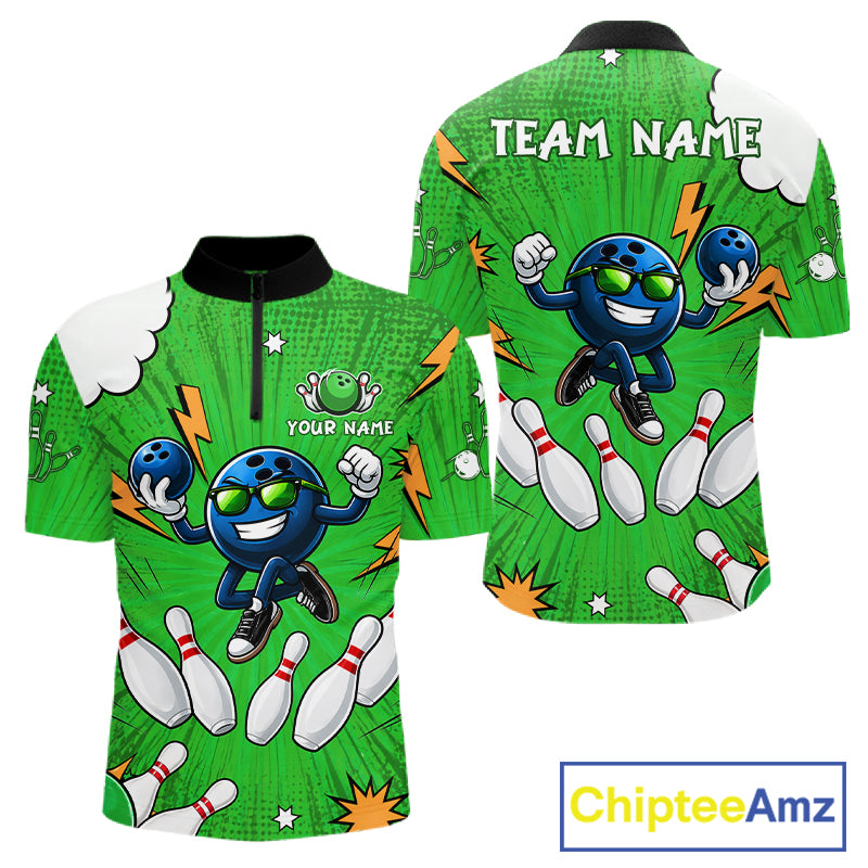 Green Funny Bowling Ball Jersey For Men Custom Bowling Team Shirt, Bowling Uniform Polo & 1/4 Zip TDM6422