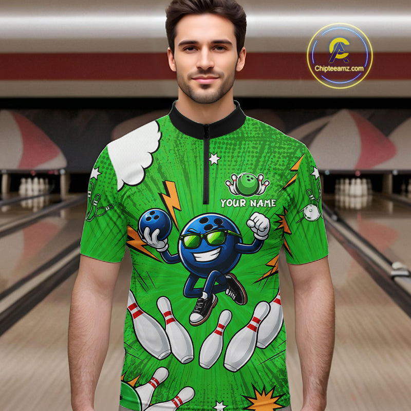 Green Funny Bowling Ball Jersey For Men Custom Bowling Team Shirt, Bowling Uniform Polo & 1/4 Zip TDM6422