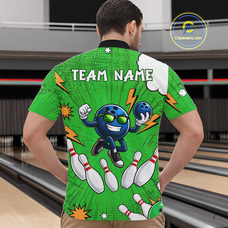 Green Funny Bowling Ball Jersey For Men Custom Bowling Team Shirt, Bowling Uniform Polo & 1/4 Zip TDM6422