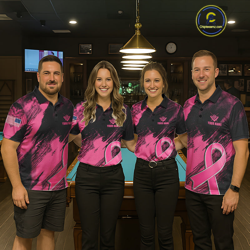 Pool Team Wearing Personalized Pink Ribbon 8 Ball Breast Cancer Awareness Billiard Jerseys During League Competition and Awareness Events, Front View