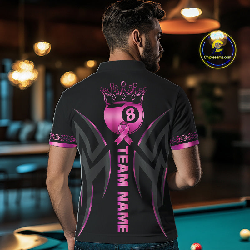 Man Wearing Pink Ribbon Crown 8 Ball Custom Breast Cancer Awareness Billiard Team Jersey Featuring the Complete Rear Graphic Design, Back View