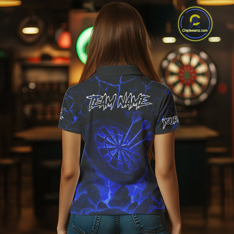 Personalized Skull Cracks Pattern Blue Darts Shirt For Women, Darts League Jersey Polo & 1/4 Zip TDM5105