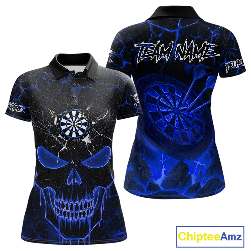 Personalized Skull Cracks Pattern Blue Darts Shirt For Women, Darts League Jersey Polo & 1/4 Zip TDM5105