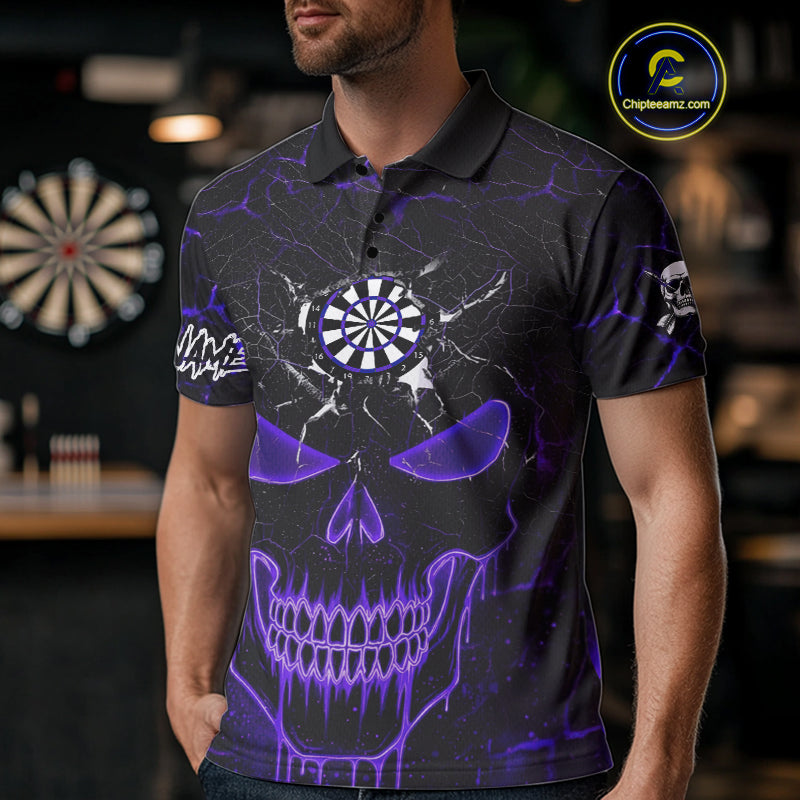 Personalized Skull Cracks Pattern Purple Darts Shirt For Men, Darts League Jersey Polo & 1/4 Zip TDM5106
