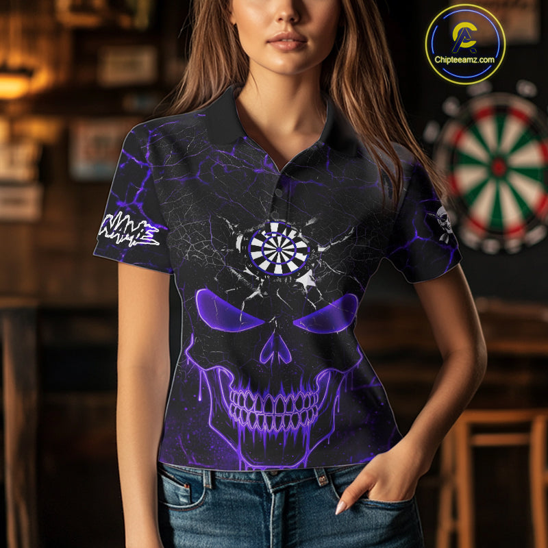Personalized Skull Cracks Pattern Purple Darts Shirt For Women, Darts League Jersey Polo & 1/4 Zip TDM5106
