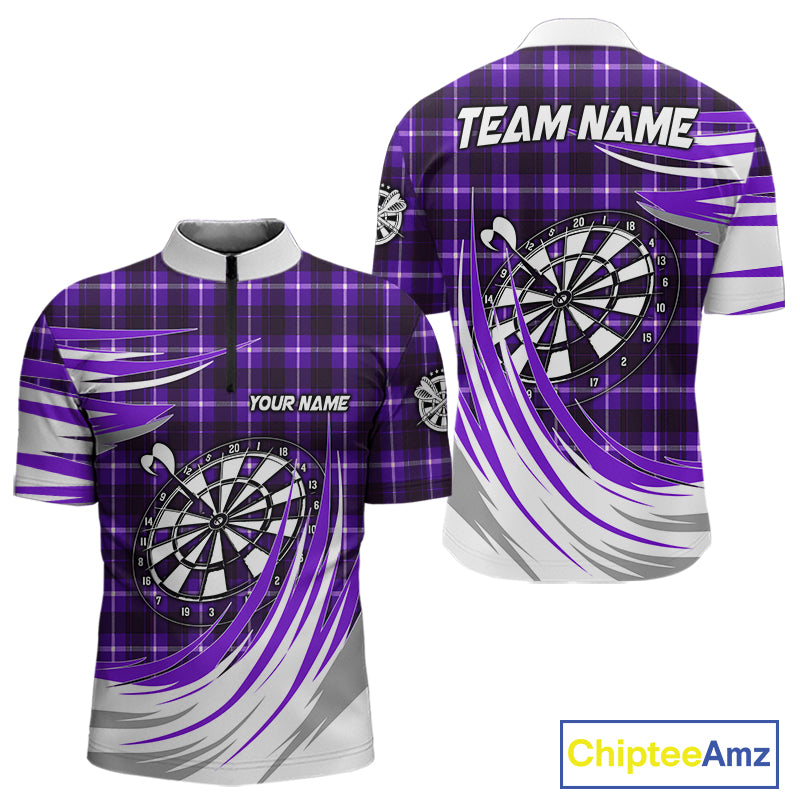 Personalized Purple Dartboard Plaid Mens Darts Shirt Custom Darts Jersey Team Polo & 1/4 Zip TDM5327