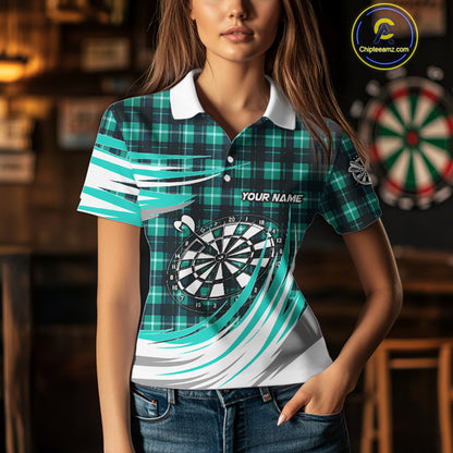 Personalized Turquoise Dartboard Plaid Womens Darts Shirt Custom Darts Jersey Team Polo & 1/4 Zip TDM5328