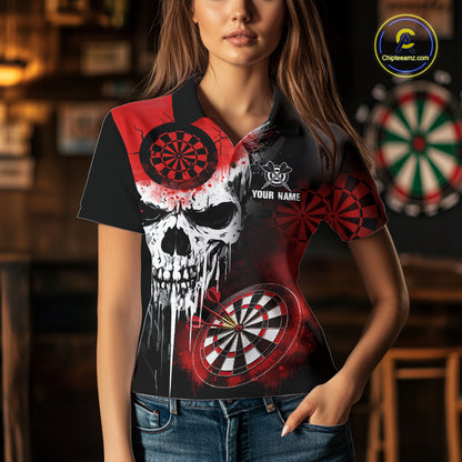 Personalized Red Grunge Skull Darts Shirt For Women Custom Darts Jersey Team Polo & Quarter Zip TDM6430