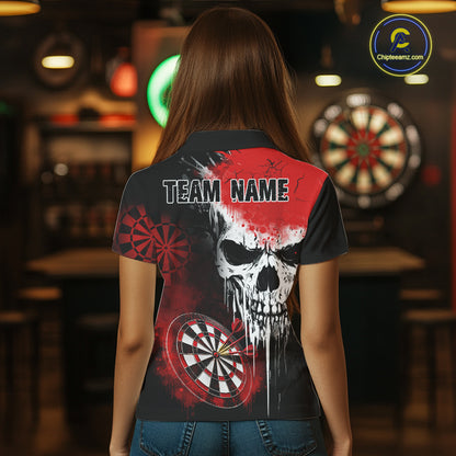 Personalized Red Grunge Skull Darts Shirt For Women Custom Darts Jersey Team Polo & Quarter Zip TDM6430